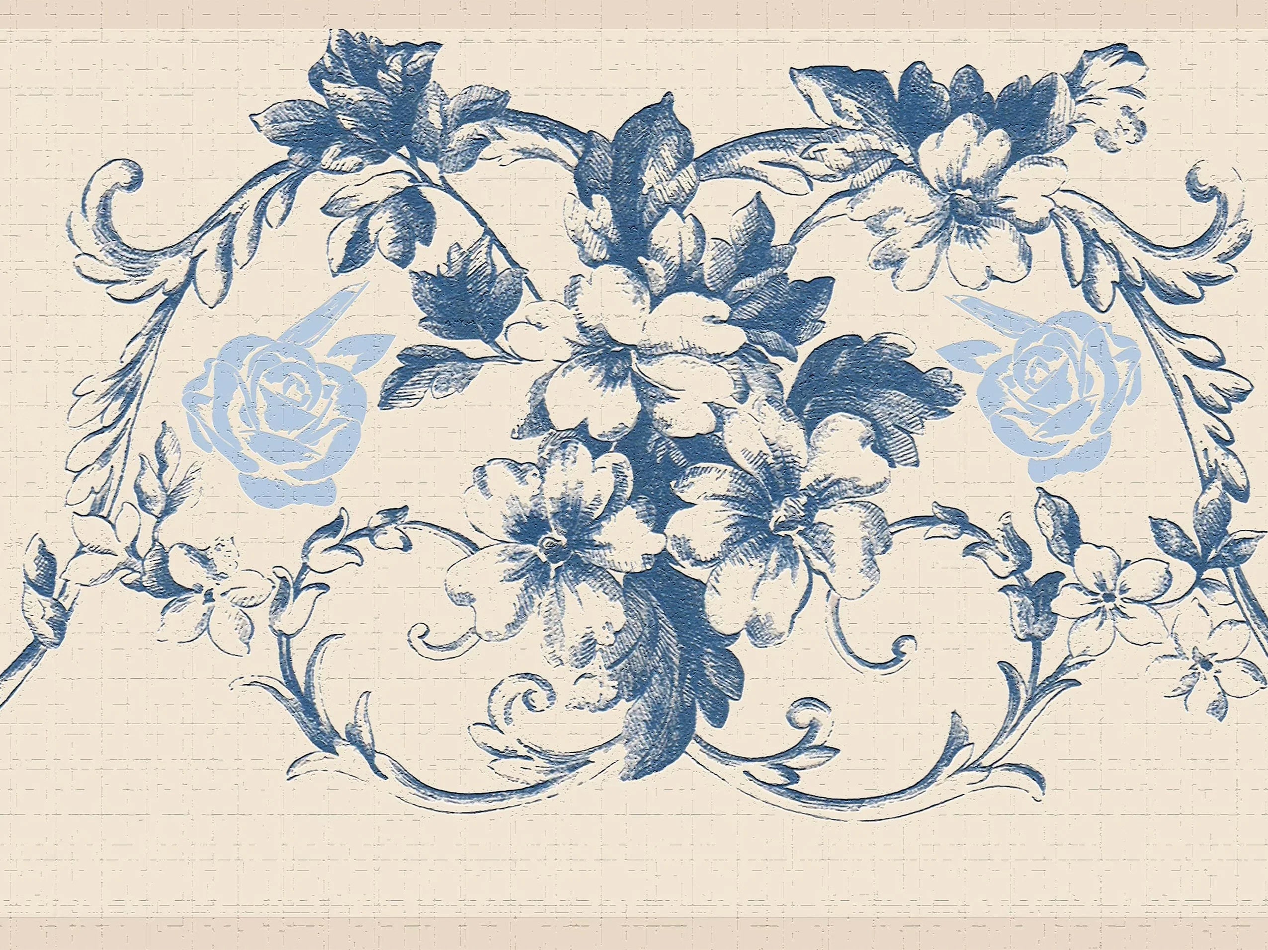 Dundee Deco's Peel and Stick Wallpaper Border - Damask Blue Vines Flowers Scrolls Wall Border Retro Design, 15 ft x 7 in, Self Adhesive