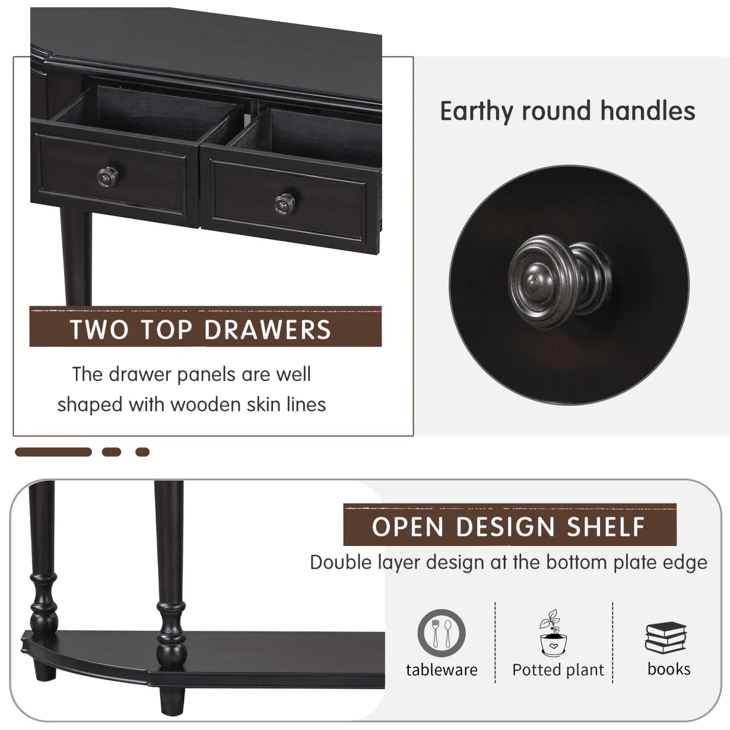 TREXM Retro Circular Curved Design Console Table with Open Style Shelf Solid Wooden Frame and Legs Two Top Drawers (Cherry + Antique Blue OLD SKU WF298768AAC)