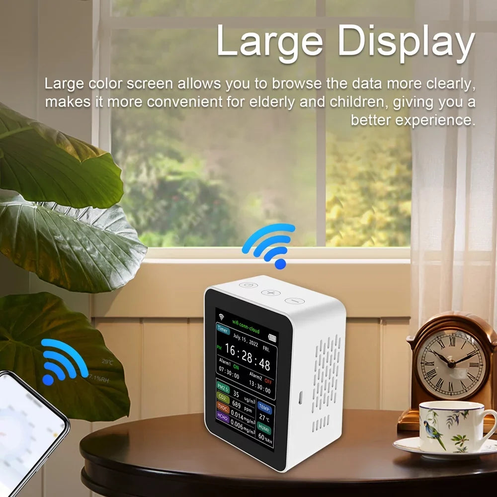 Wifi Processor Air Quality Detector Pm2.5 Co2 Tvoc Hcho Temperature Humidity 6 In 1 Detector Time Date Week Display Mobilephone App Remotes Viewing 2 Sets Alarm Clock Home Indoor Desk