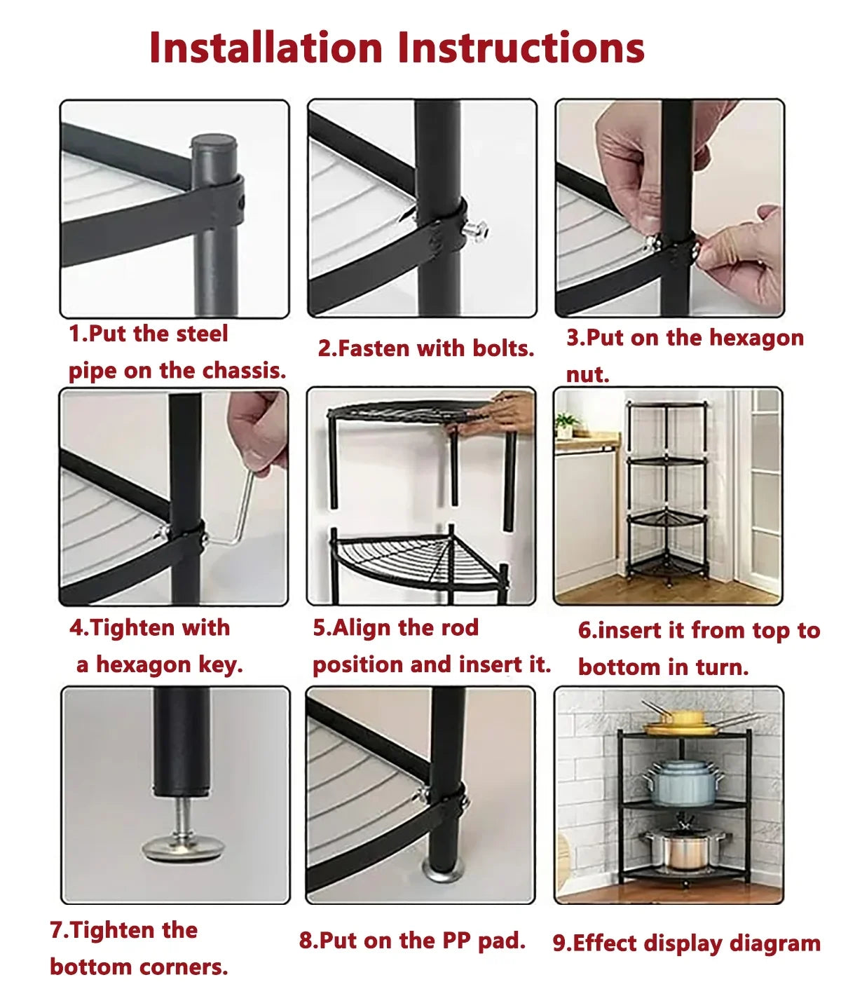 tonchean 6-Tier Carbon Steel Kitchen Corner Shelf Rack Free Standing Pot Rack Storage Organizer