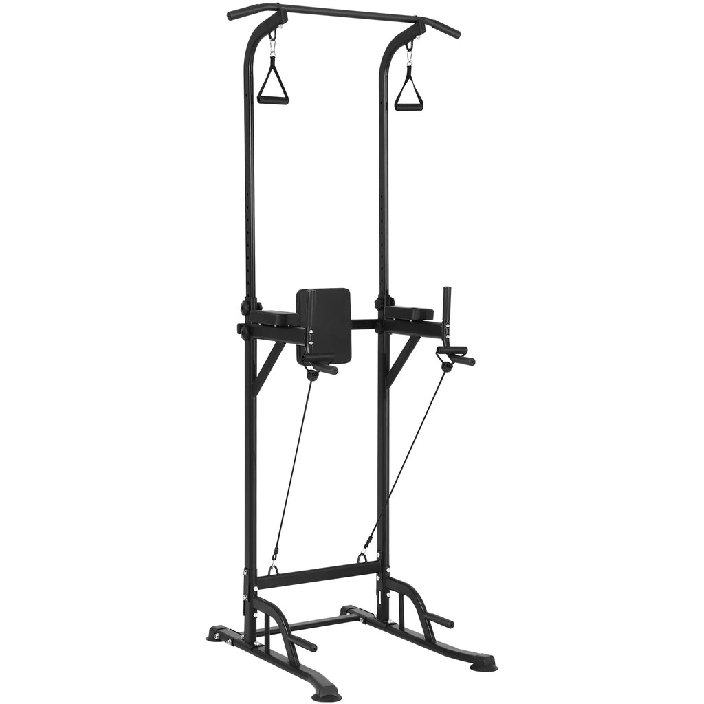 SKYSHALO Power Tower Dip Station, Heavy Duty Carbon Steel Frame Pull Up Bar Stand Power Rack w/ Backrest Elbow Pad, Height Adjustable Strength Training Equipment for Fitness Home Workout