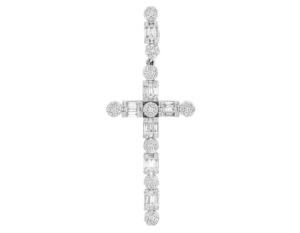 Unisex 10K White Gold Real Diamond Flower Cluster Baguette Cross 2" 1.2CT