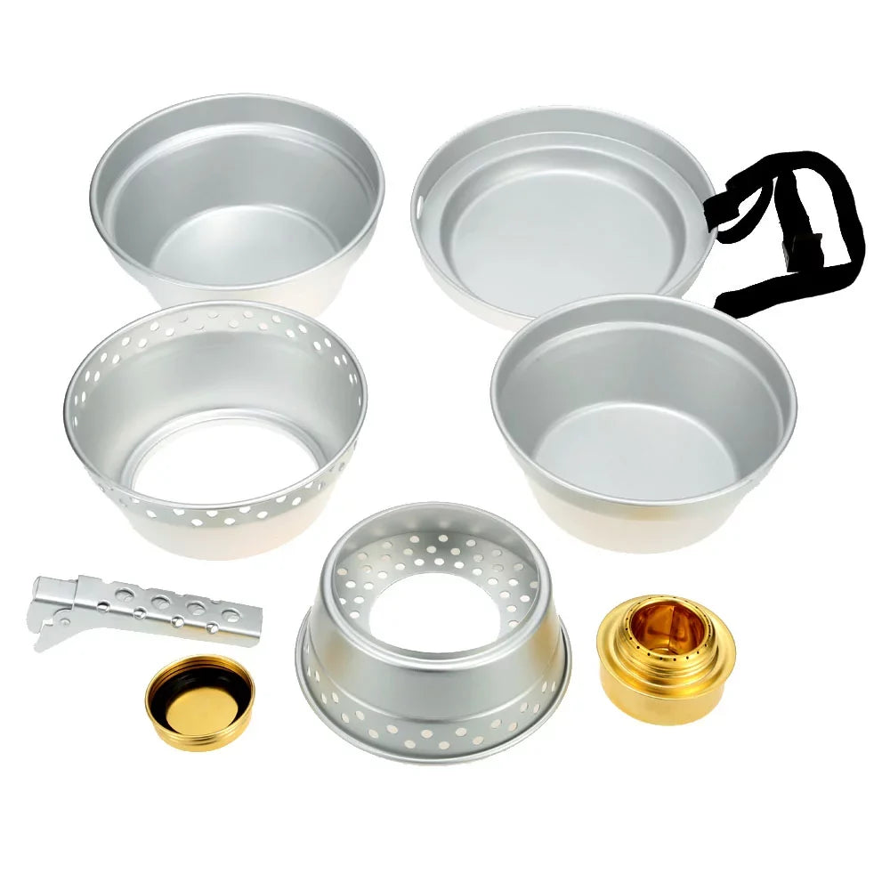 Radirus Portable Camping Cookware: Mess Kit Stove Spirit with Stand Pot Pan and Gripper, Ideal for Backpacking Hiking Picnic BBQ