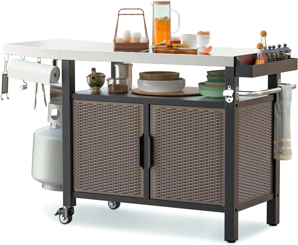 SUSIMOND 53-Inch Dining Cart Table Storage Cabinet with XL Stainless Steel Countertop, Rolling Kitchen Island Worktable with Side Shelf and Wheels for Indoor Outdoor