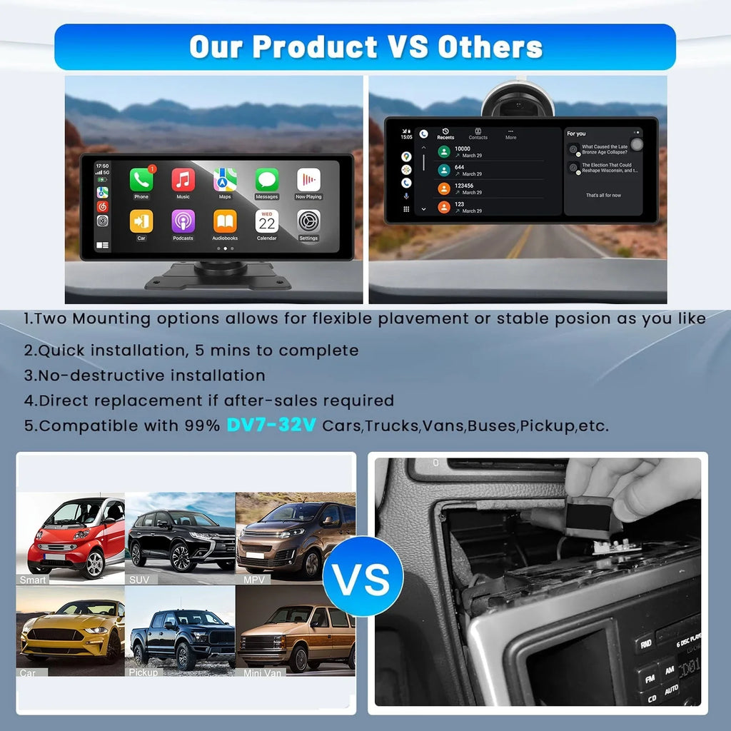 Podofo 7-32V 10.26" Portable Touch Display Car Stereo Radio Wireless Carplay Android Auto Mirror Link FM Bluetooth AUX for Car Suv Van Pickup Vehicles, with 64G Card&Backup Camera