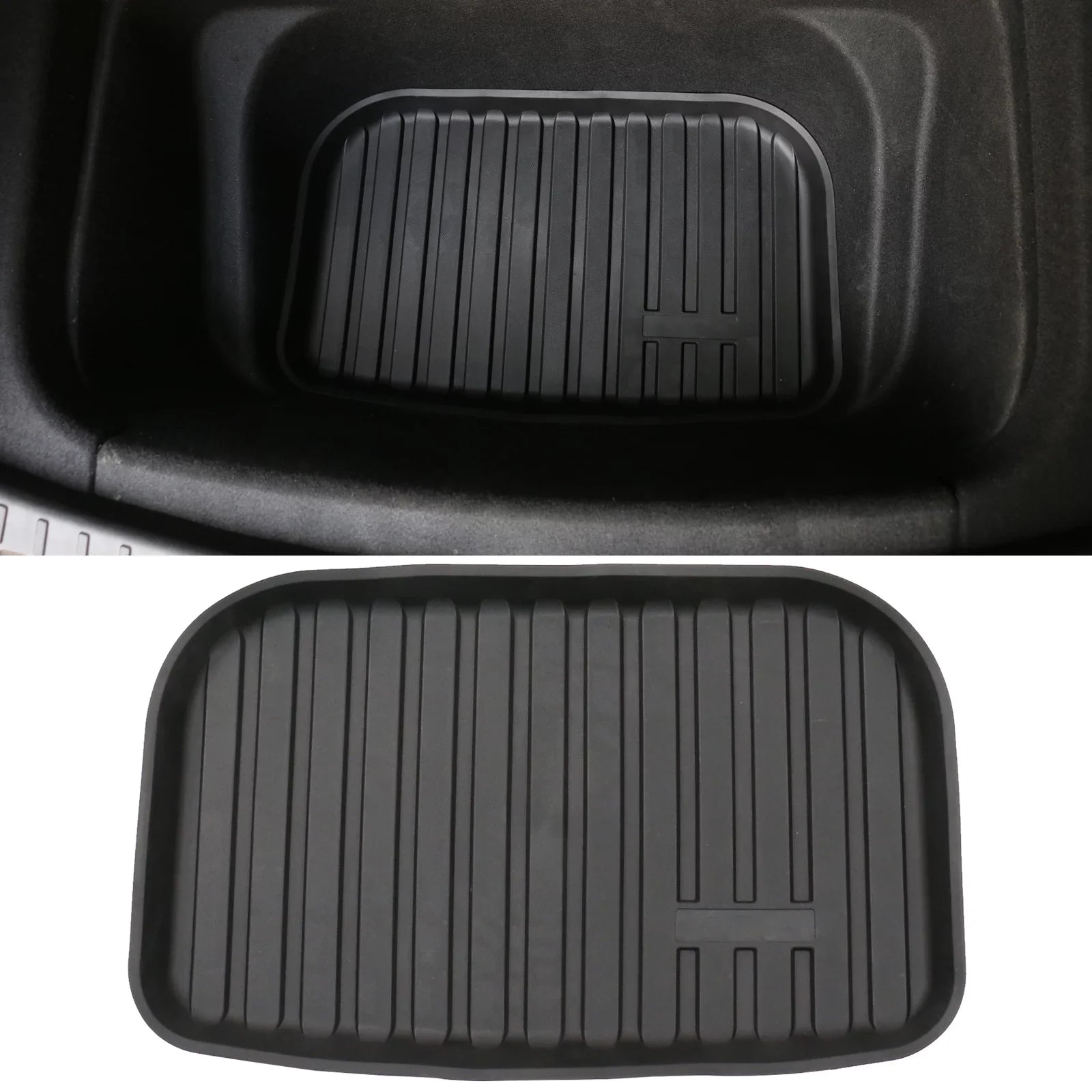Ikon Motorsports Trunk Mats + Protector Backrest Covers Compatible with 2020-2023 Tesla Model Y Black Injection TPE All Weather Liquid Anti-Slip Frunk Trunk Under Cargo Storage Liner Mat