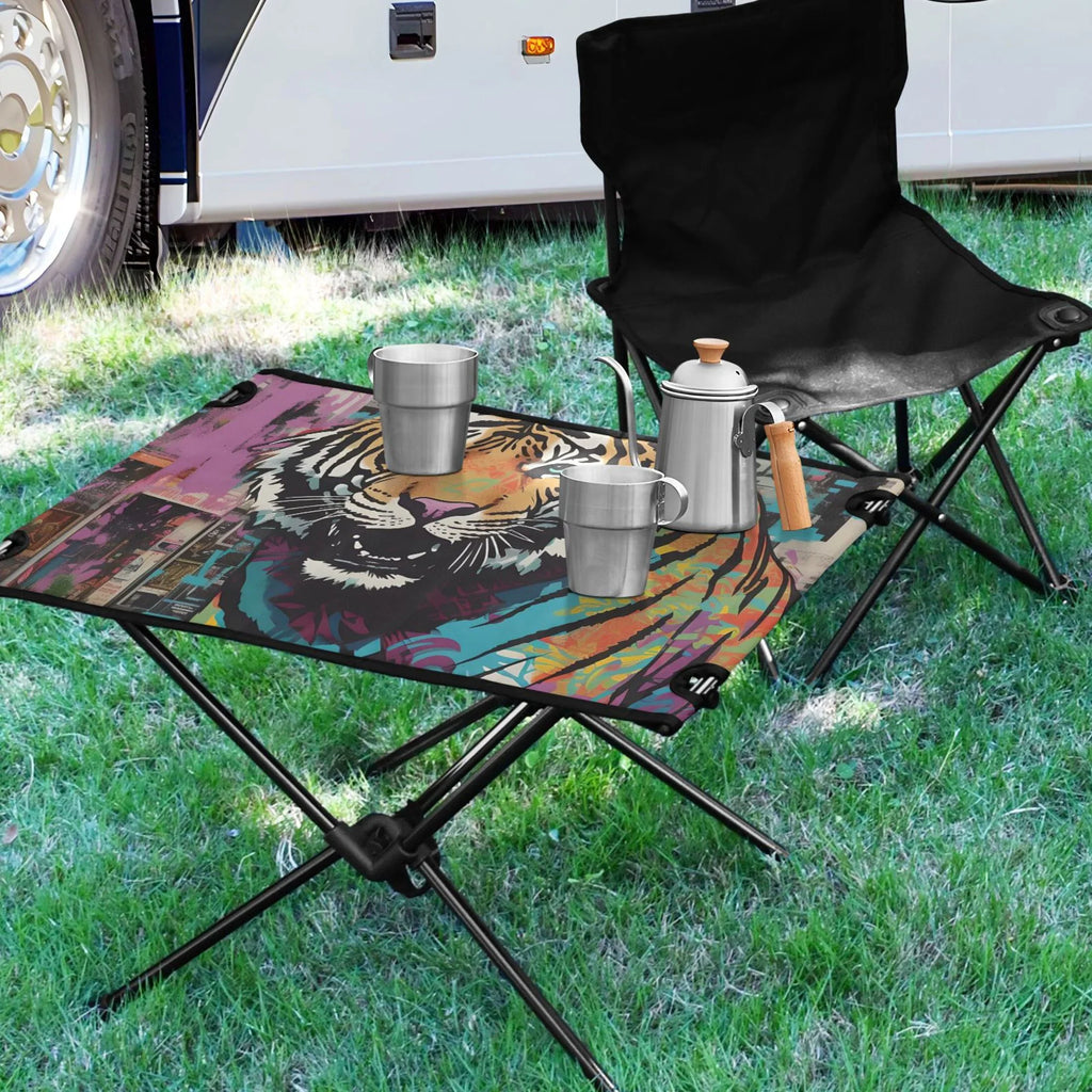 Tiger Abstract Camping Foldable Portable Table Beach Table with Storage Bag Compact Picnic Table for Outdoor Hiking Fishing BBQ