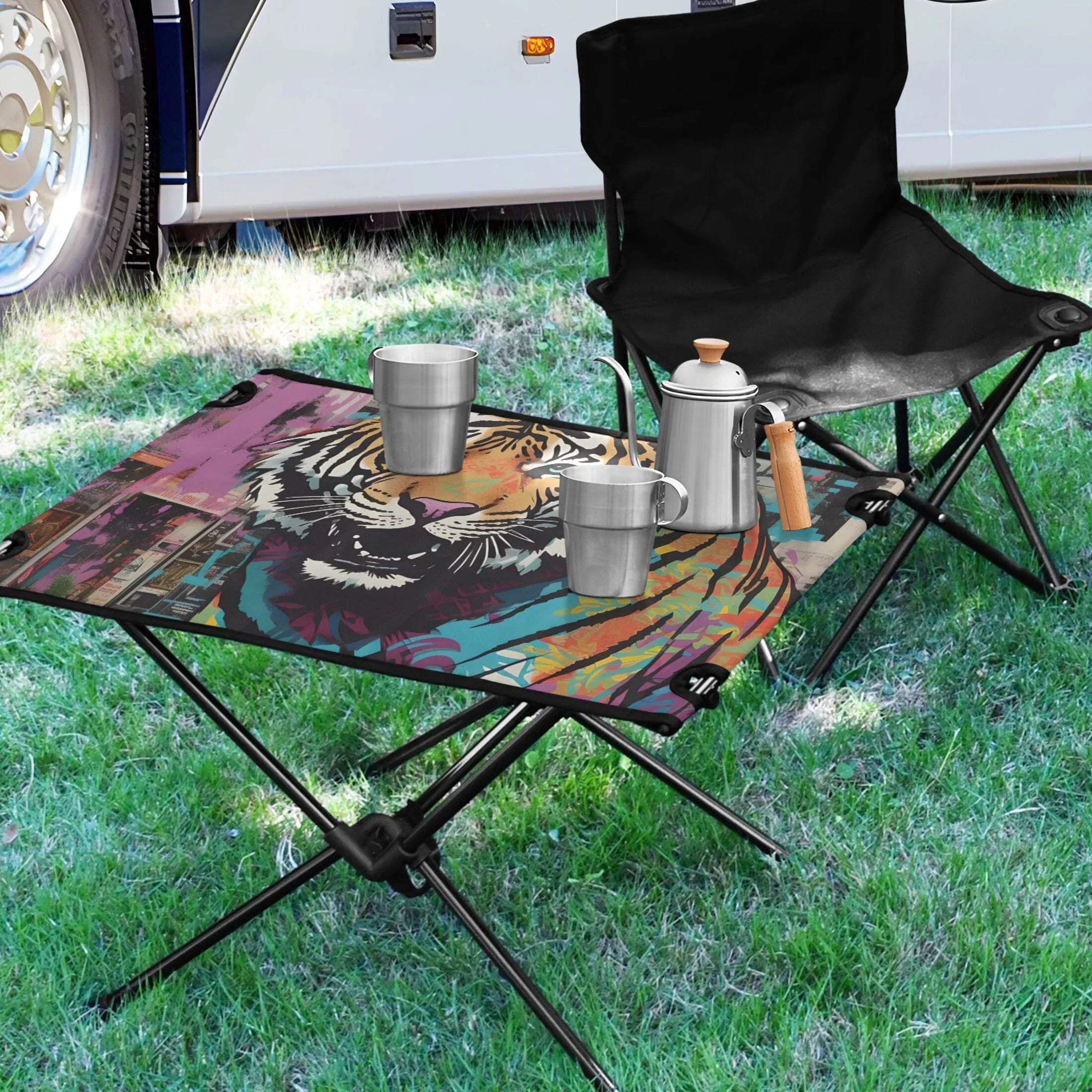 Tiger Abstract Camping Foldable Portable Table Beach Table with Storage Bag Compact Picnic Table for Outdoor Hiking Fishing BBQ