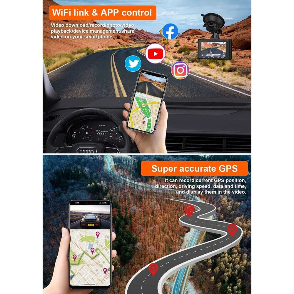 ONEMAYSHIP 3 Channel Dual Dash Cam Front Rear 4K/2.5K+1080P 3.16" Full HD Night Vision Wide Angle WDR 24H Parking Mode Support 256GB Max