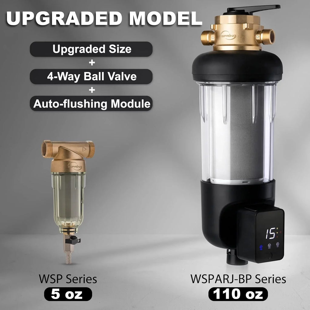 iSpring WSP500ARJ-BP Whole House Prefilter, Spin-Down Sediment Liquid Filter with Bypass, Upgraded Clear Housing, Jumbo Size, Flushable and Reusable, Monitor Auto Flushing, 4 Modes, 500 Microns