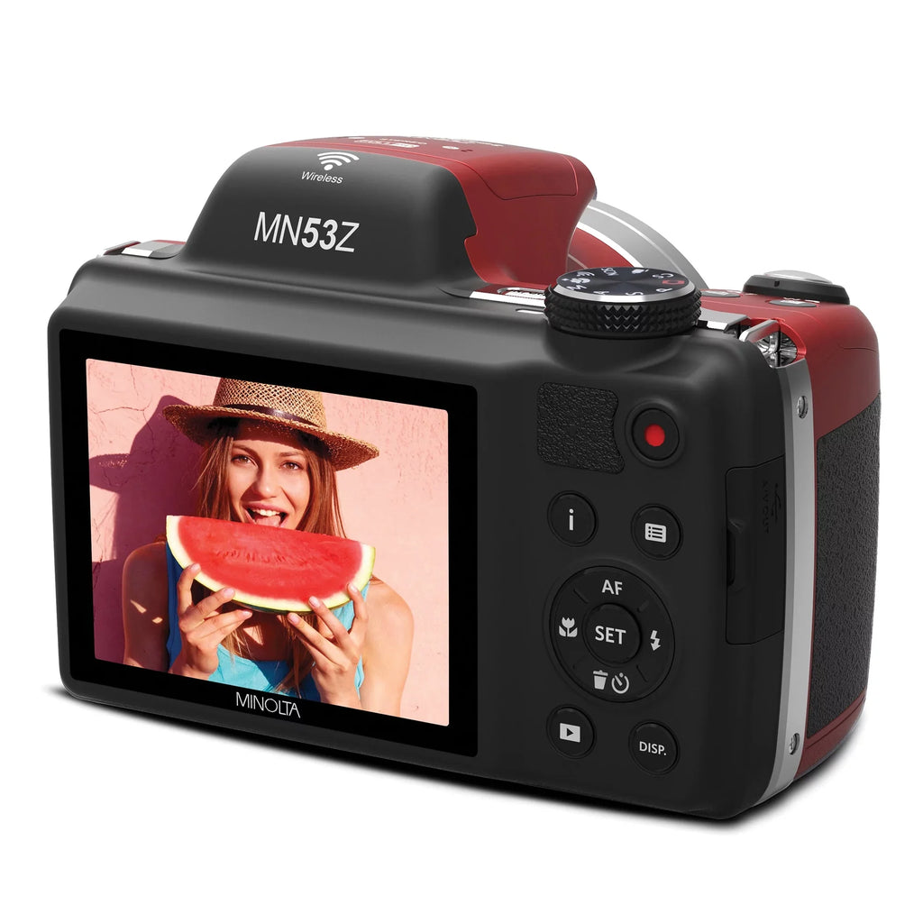 Minolta Pro Shot 16 Mega Pixel HD Digital Camera with 53x Optical Zoom, Full 1080p HD Video & 16GB SD Card (MN53Z Red)