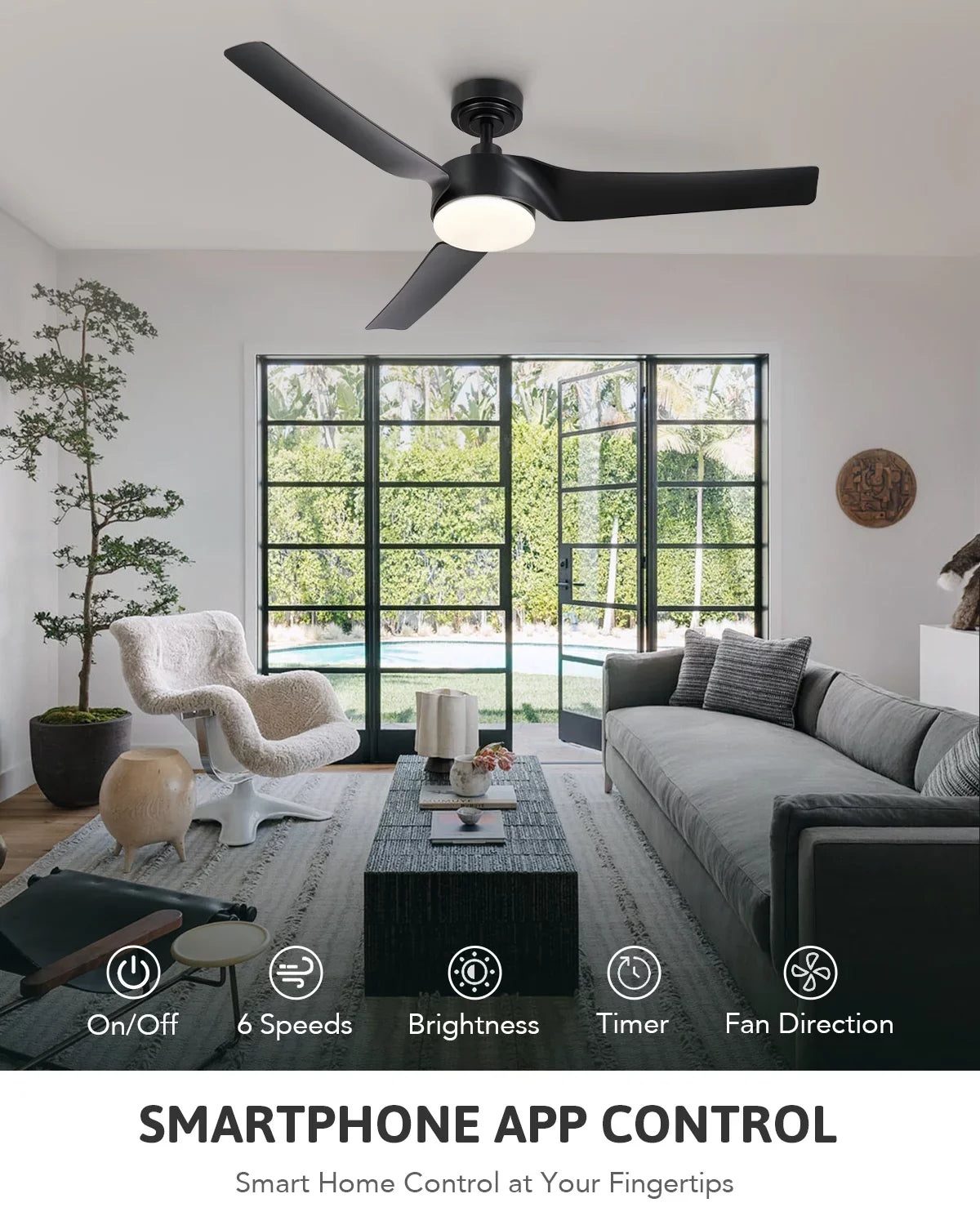 Bestco Modern 52" Smart Ceiling Fan with Dimmable Light Kit & Remote, Black