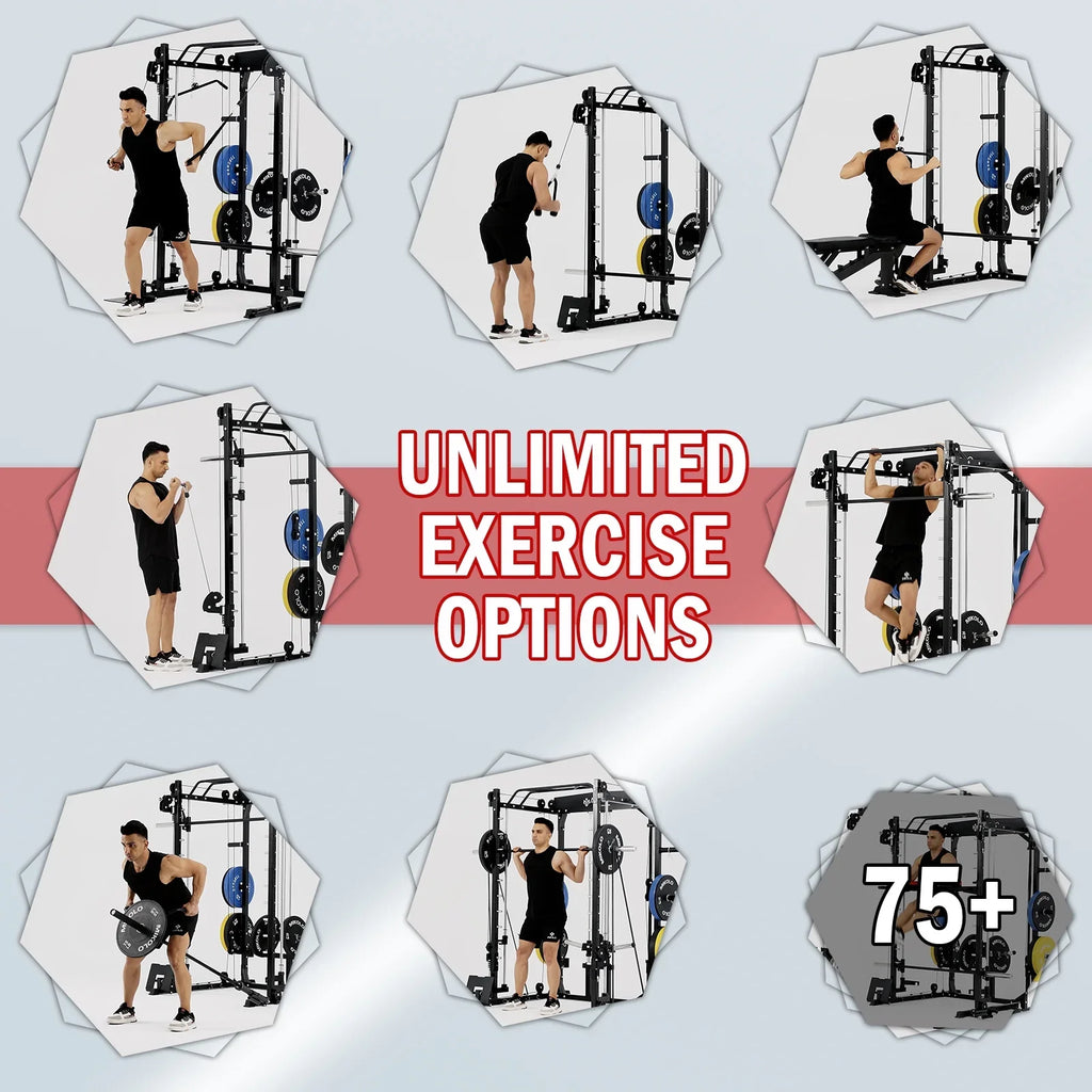 Mikolo Smith Machine Home Gym, 2000 lbs Power Rack Cage with Cable Crossover, Smith Cage with 800LB Capacity Adjustable Weight Bench and 100 lbs Weight Plate, Total Body Strength Training Cage