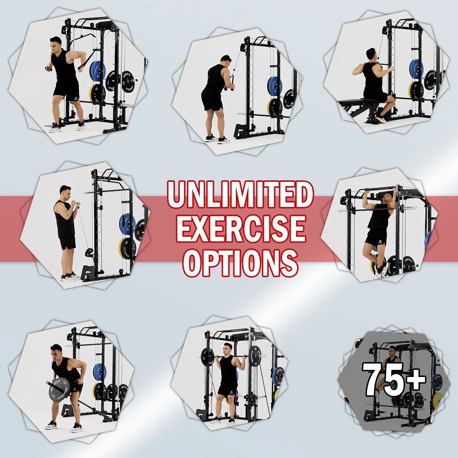 Mikolo Smith Machine Home Gym, 2000 lbs Power Rack Cage with Cable Crossover, Smith Cage with 800LB Capacity Adjustable Weight Bench and 100 lbs Weight Plate, Total Body Strength Training Cage