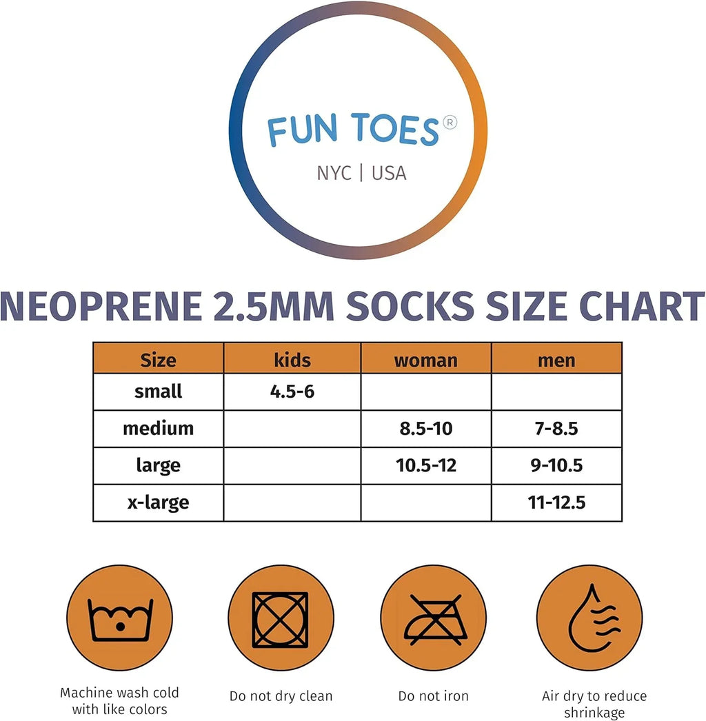 FUN TOES 2.5MM Neoprene Socks for Liquid Sports Women Men 2 PAIRS Fin Socks for Scuba Diving, Snorkeling, Paddling, Jet skiing