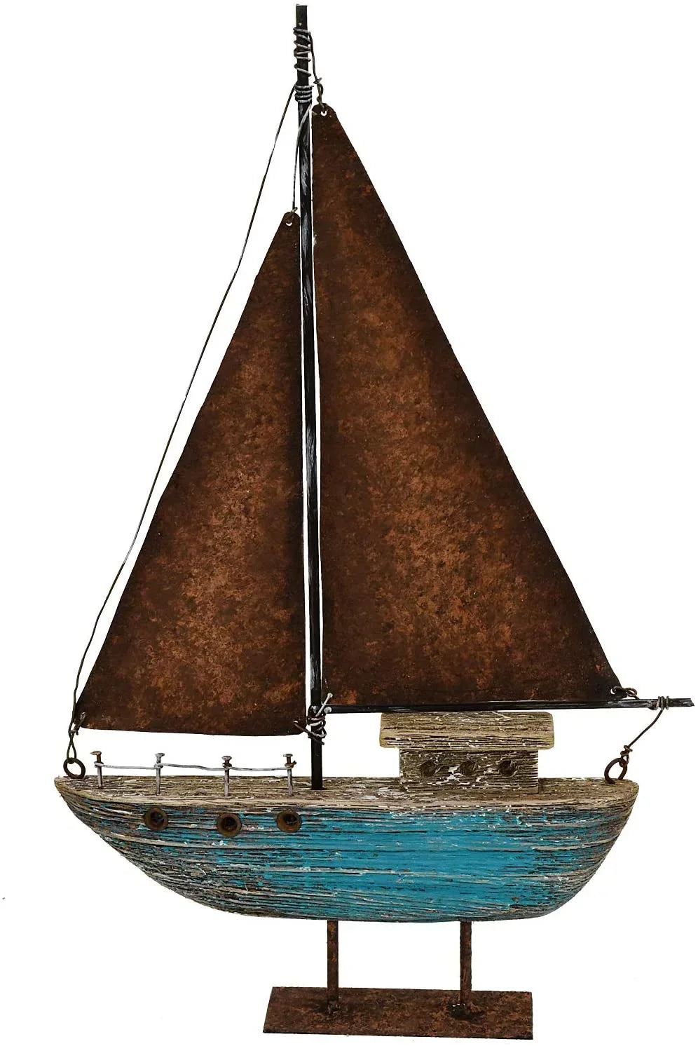 Wood Sailboat Decor Nautical Decoration, 13.43" H Sail Boat Decor Display Rustic Nautical Beach Theme Room Decor Nautical Tabletop Decor for Living Room Bathroom Home Decor (Blue)