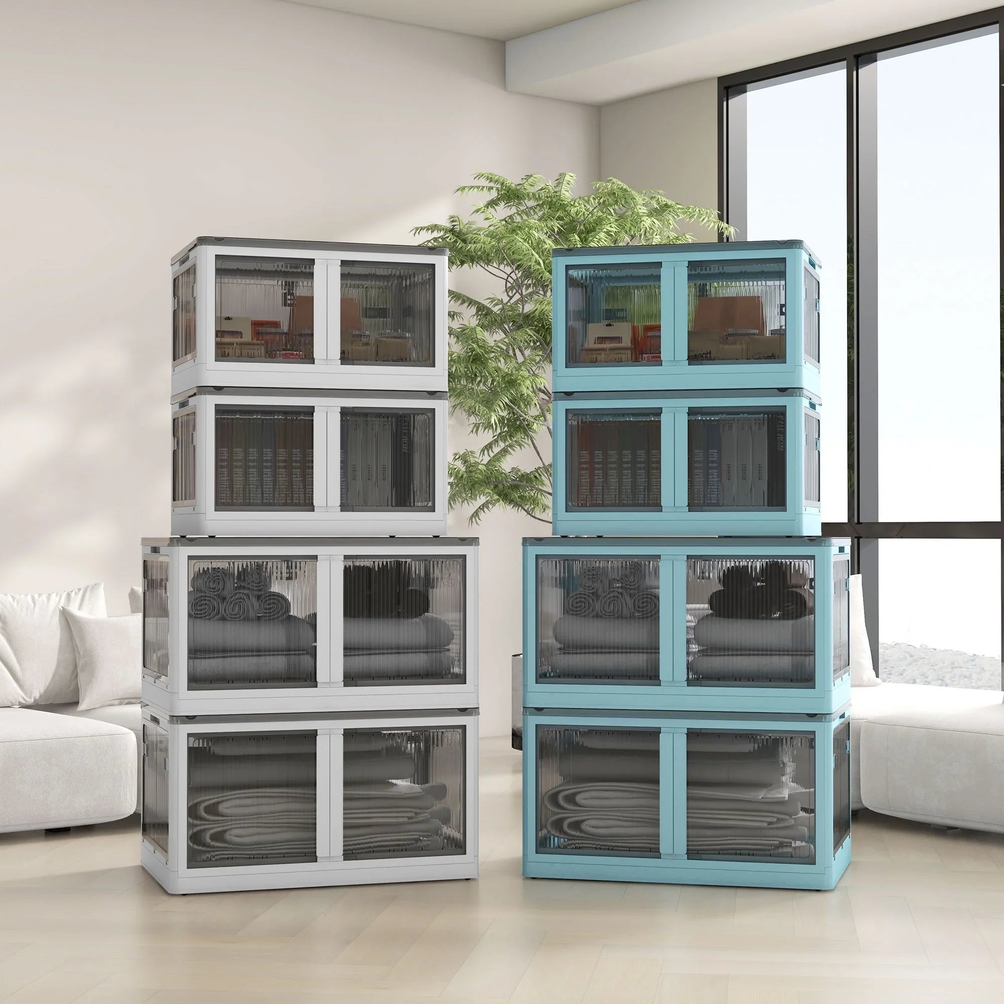 HOMCOM Stackable Storage Bins with Lids, Wheels, and Collapsible, Blue