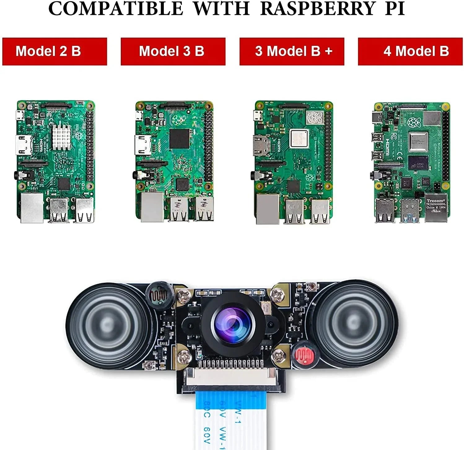 Raspberry Pi 4 Camera Night Vision Camera Adjustable-Focus Module 5MP OV5647 Webcam Video 1080p Compatible