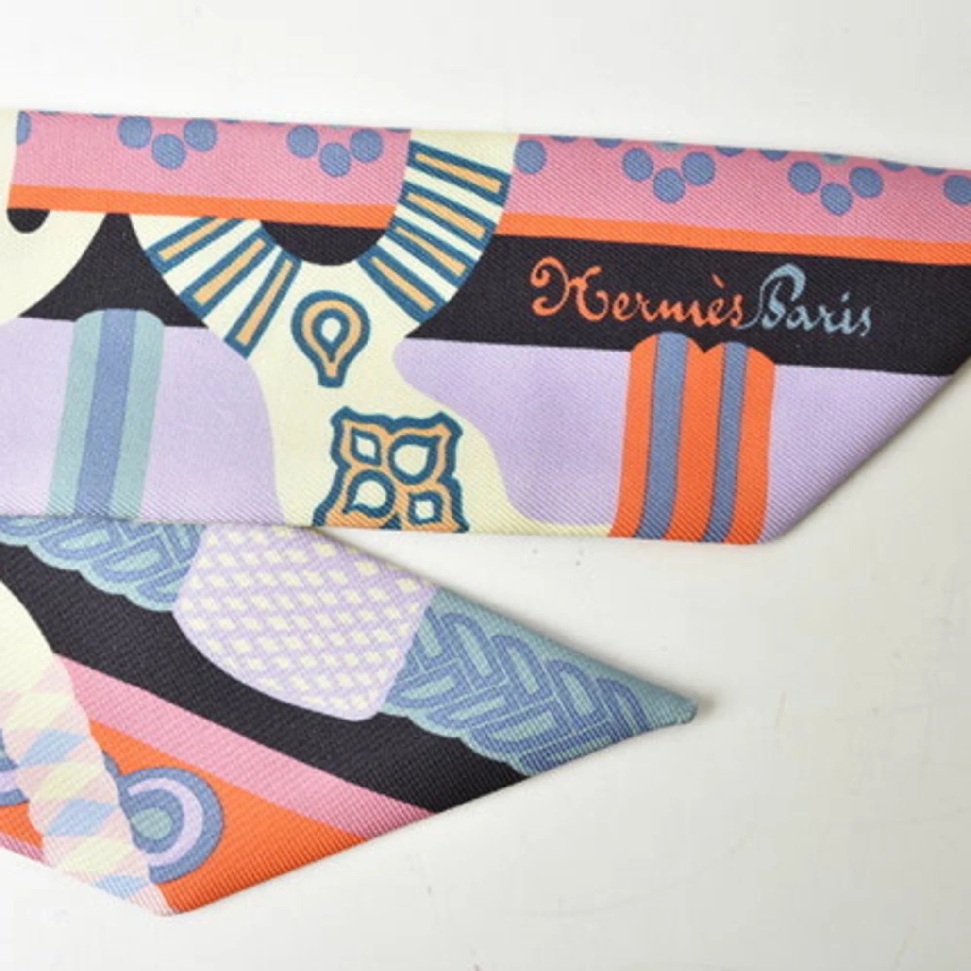 Pre-Owned Hermes Twilly Scarf Muffler HERMES Silk Twill Light Purple Orange Blue (Good)