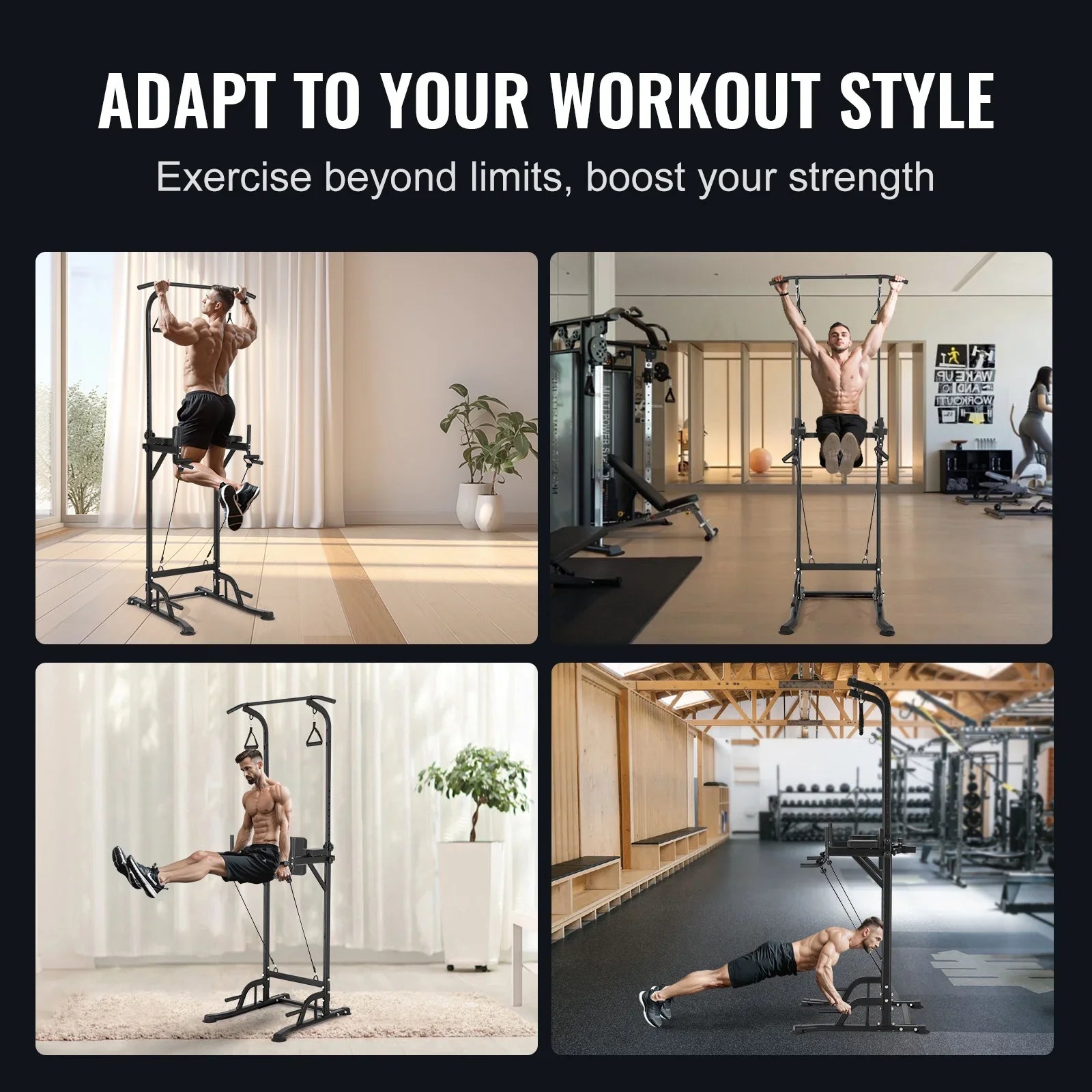 SKYSHALO Power Tower Dip Station, Heavy Duty Carbon Steel Frame Pull Up Bar Stand Power Rack w/ Backrest Elbow Pad, Height Adjustable Strength Training Equipment for Fitness Home Workout