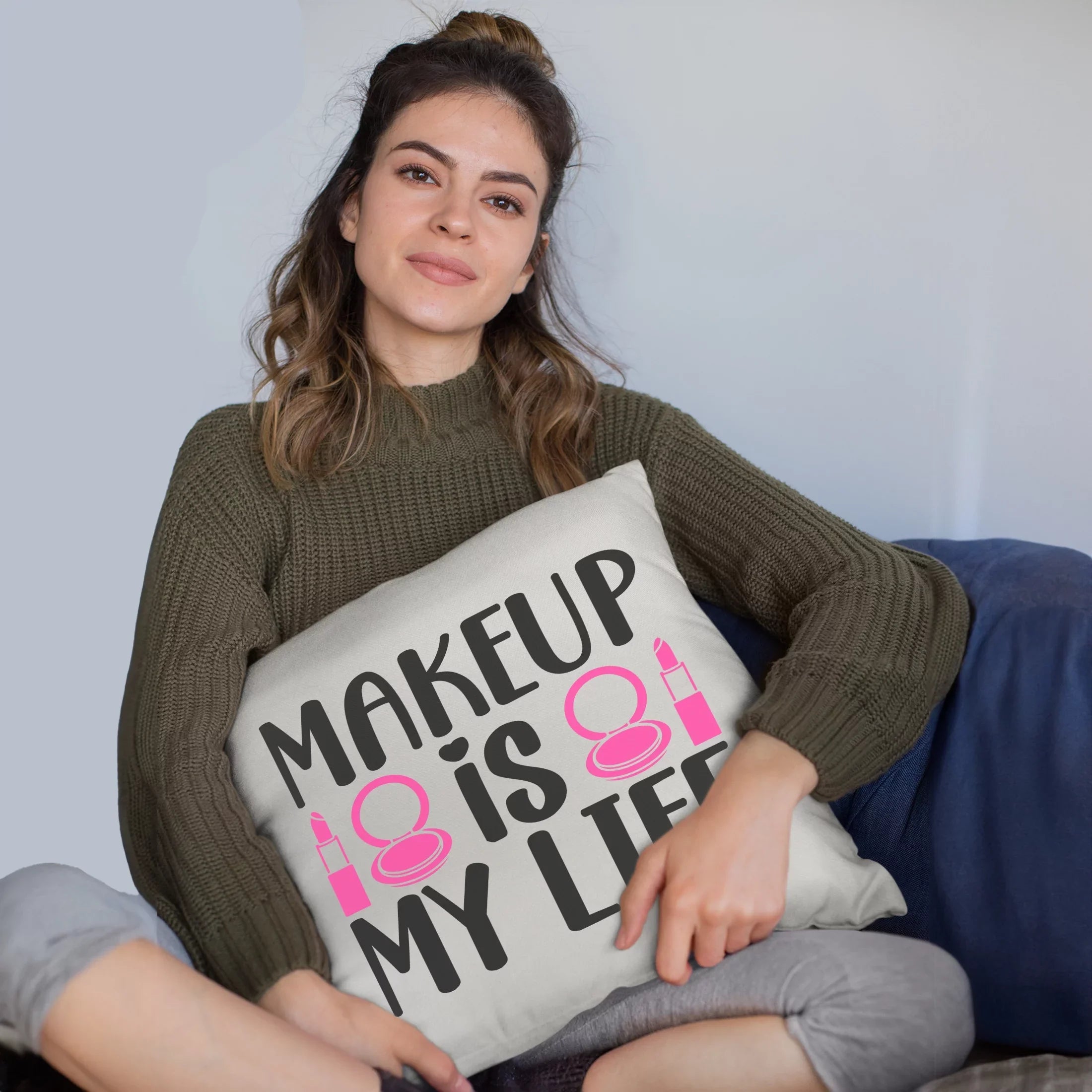 Makeup Is My Life w/ Compact Mirror & Lipstick Design - Beauty Themed Merch for Makeup Artist or Cosmetologist, Gift for Makeup Lovers, Pillow Cover, White 20X20 IN