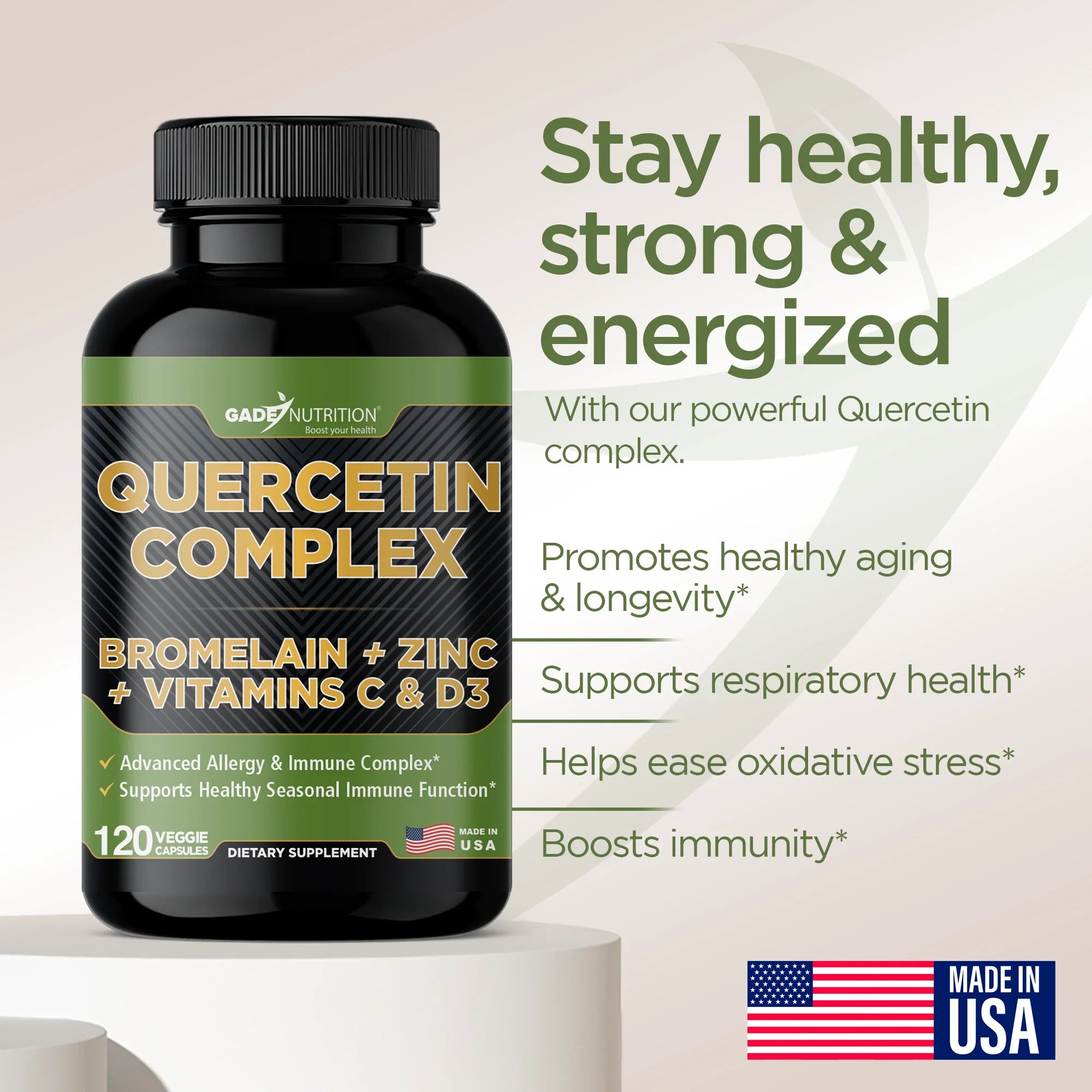 Quercetin Complex with Bromelain, quercetin supplements 500mg, with Vitamin C and Zinc, Bioflavonoids for Healthy Immune Support, vitamin D3, zinc quercetin, Third Party Tested.