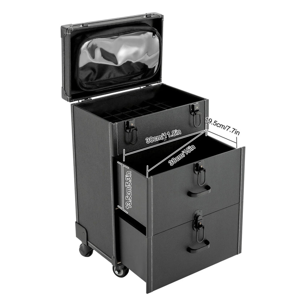 ZhdnBhnos Makeup Train Case Rolling Cosmetic Trolley Nail Polish Storage Organizer Luggage Box w/ 4 Wheels & Lock (Black)