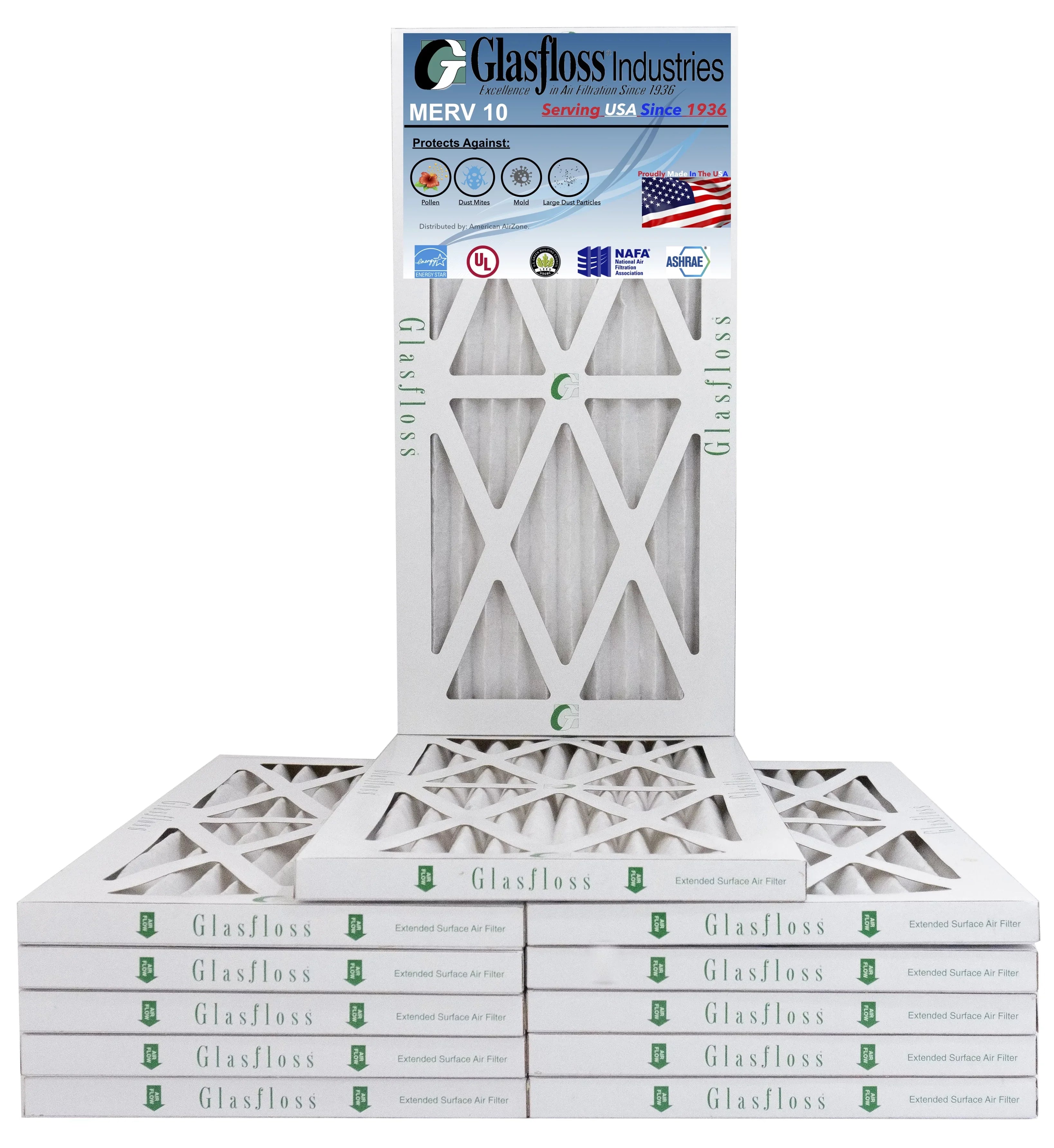 Glasfloss 8x24x1 - MERV 10 -Qty:12 - Furnace Air Filter - Made in USA (Actual Size: 7.5 x 23.5x7/8 inch)