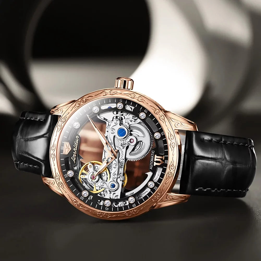 Men's Automatic Mechanical Transparent Skeleton Luminous Watch Rose Black