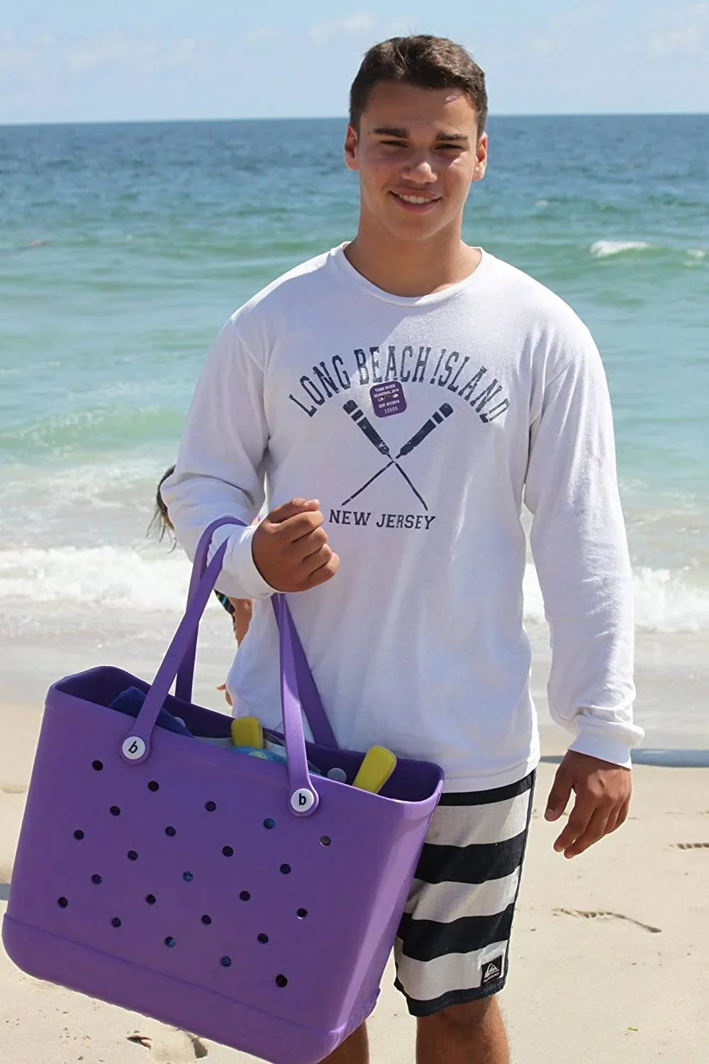 Rubber Beach Bag EVA Perforated Fluid Sandproof Sturdy Open Silicone Tote Bag for Outdoor Beach Pool Sports,Purple