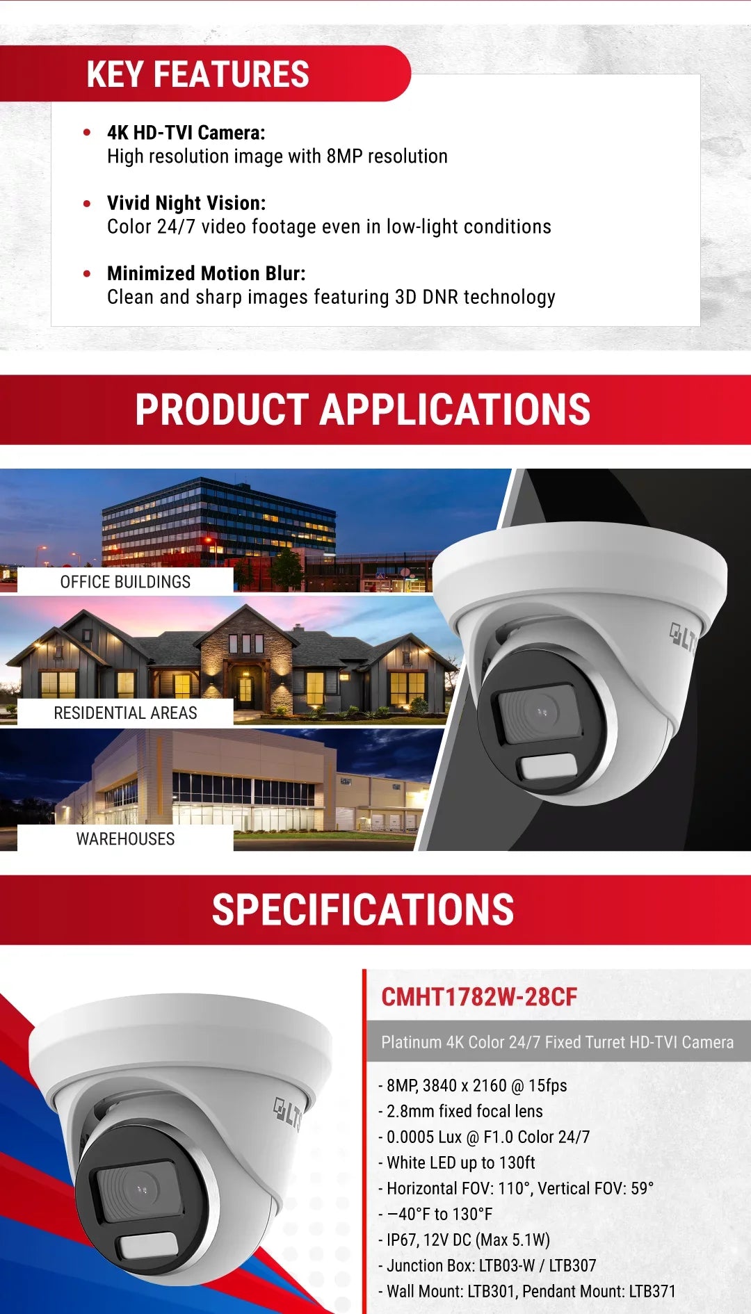 LTS CMHT1782W-28CF HD-TVI 8MP/4K 247 Full Color 2.8mm WDR 131ft LED Turret Camera LTCMHT1782W-28CF