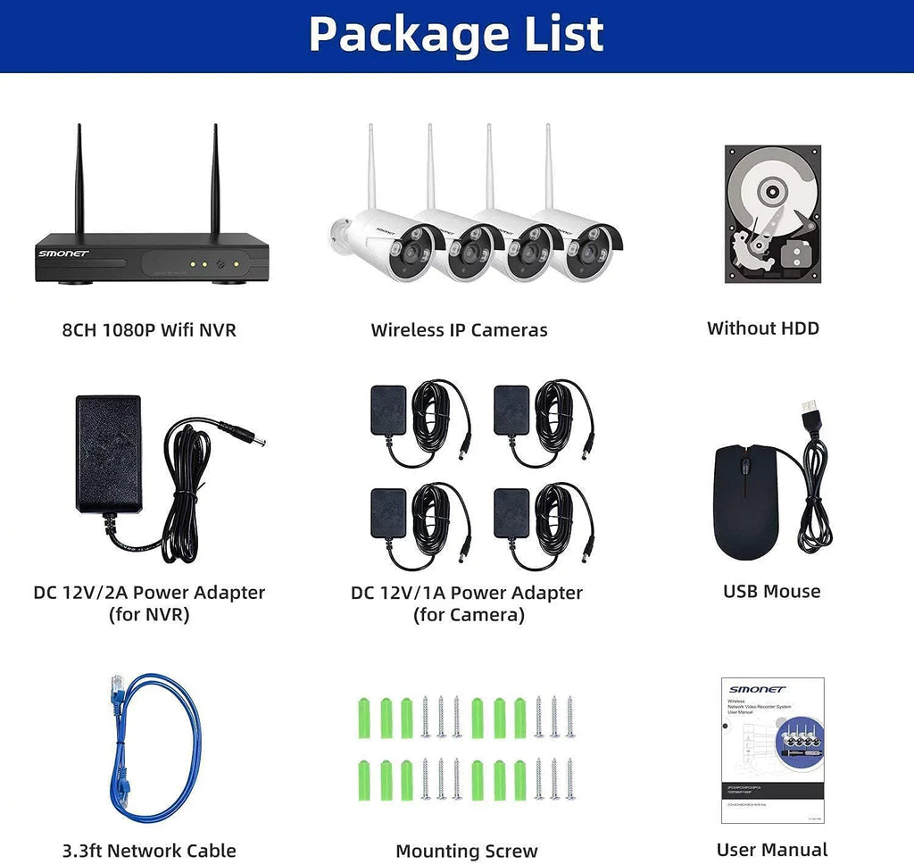 3MP Wireless Security Camera Systems No Hard Drive, SMONET 4PCS 8 Channel WiFi Surveillance NVR Kits, Indoor Outdoor CCTV Cameras,P2P CCTV Camera System,Night Vision,AI Human Detection with Audio