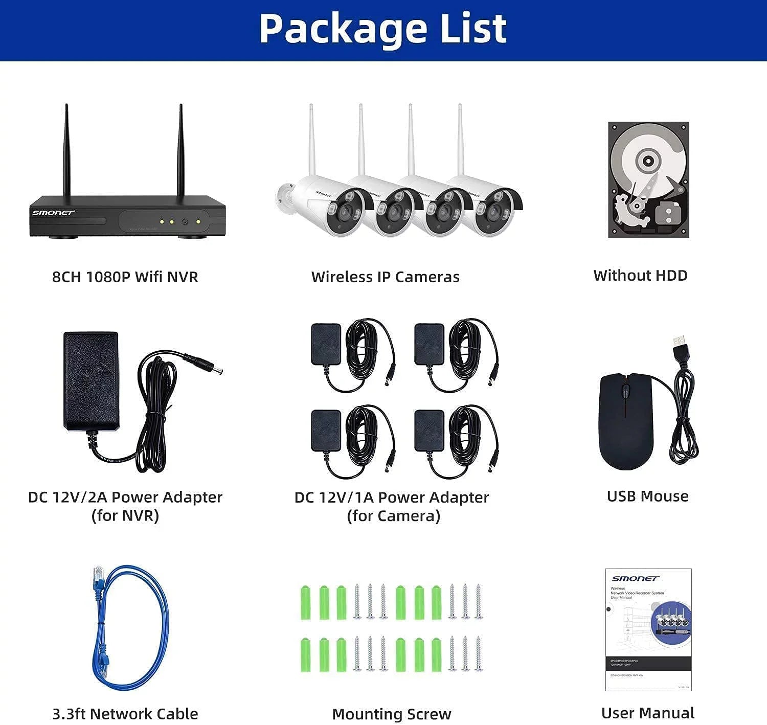 3MP Wireless Security Camera Systems No Hard Drive, SMONET 4PCS 8 Channel WiFi Surveillance NVR Kits, Indoor Outdoor CCTV Cameras,P2P CCTV Camera System,Night Vision,AI Human Detection with Audio