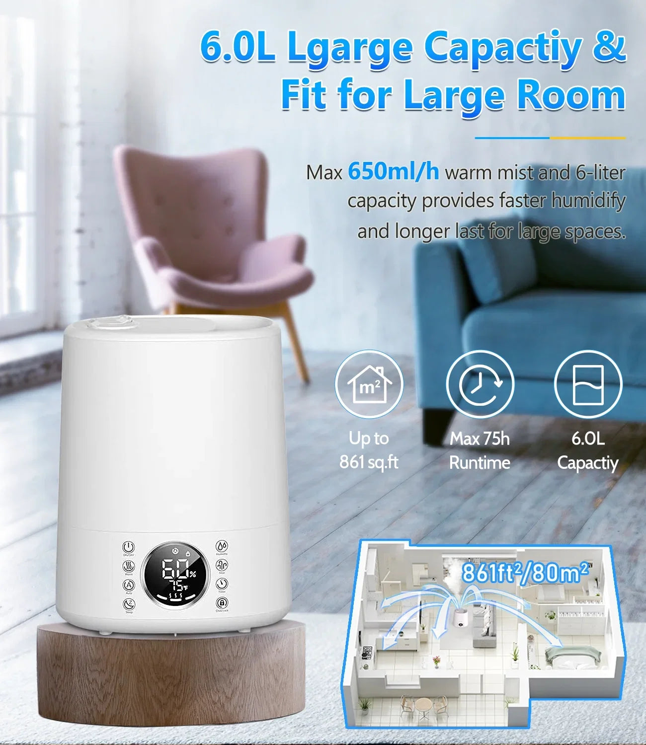 Maxfavor Humidifiers for Room Warm and Cool Mist with Customized Humidity 861 sq ft. 6L Vaporizer and Humidifiers for Bedroom Remote