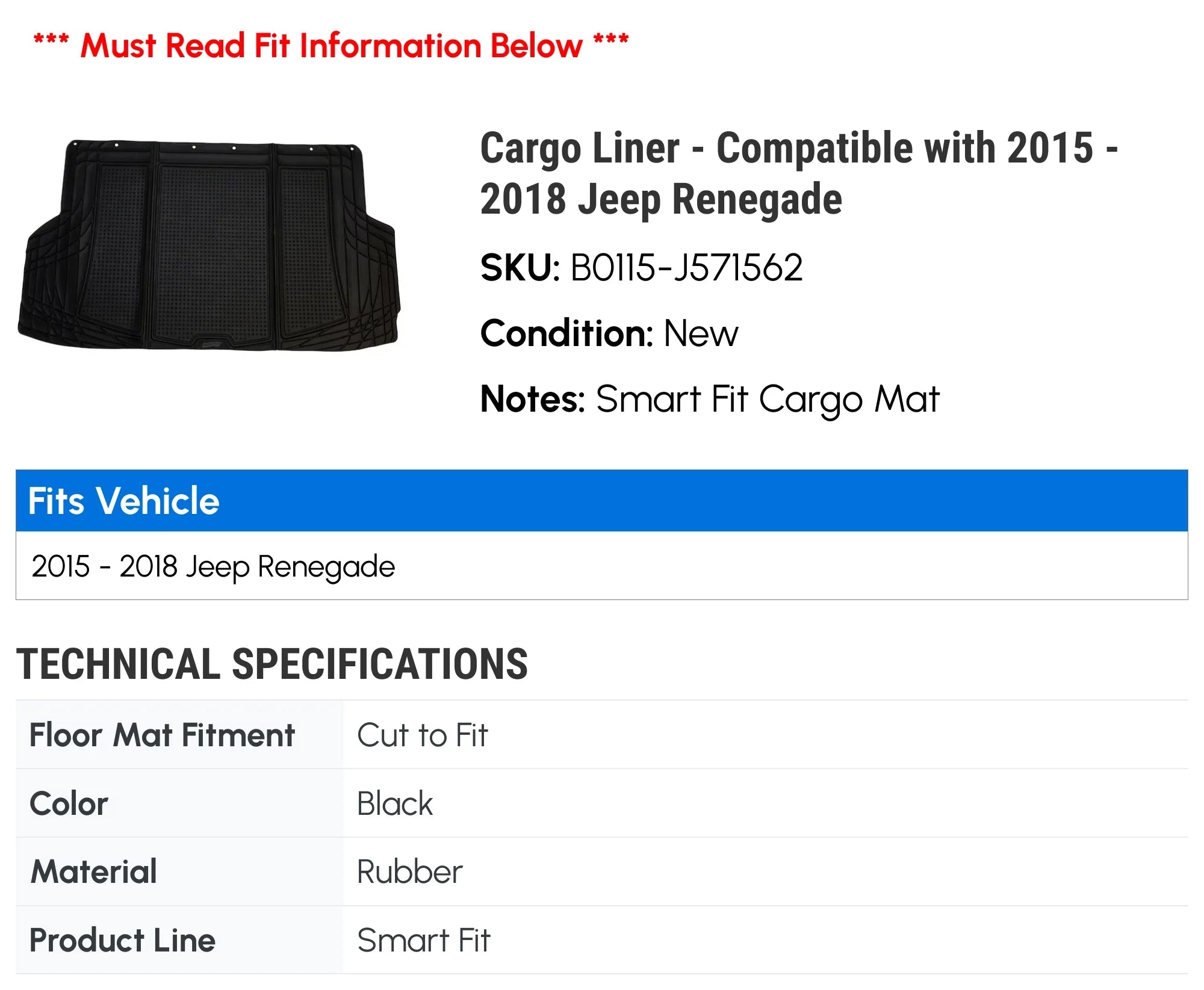 Cargo Liner - Compatible with 2015 - 2018 Jeep Renegade 2016 2017