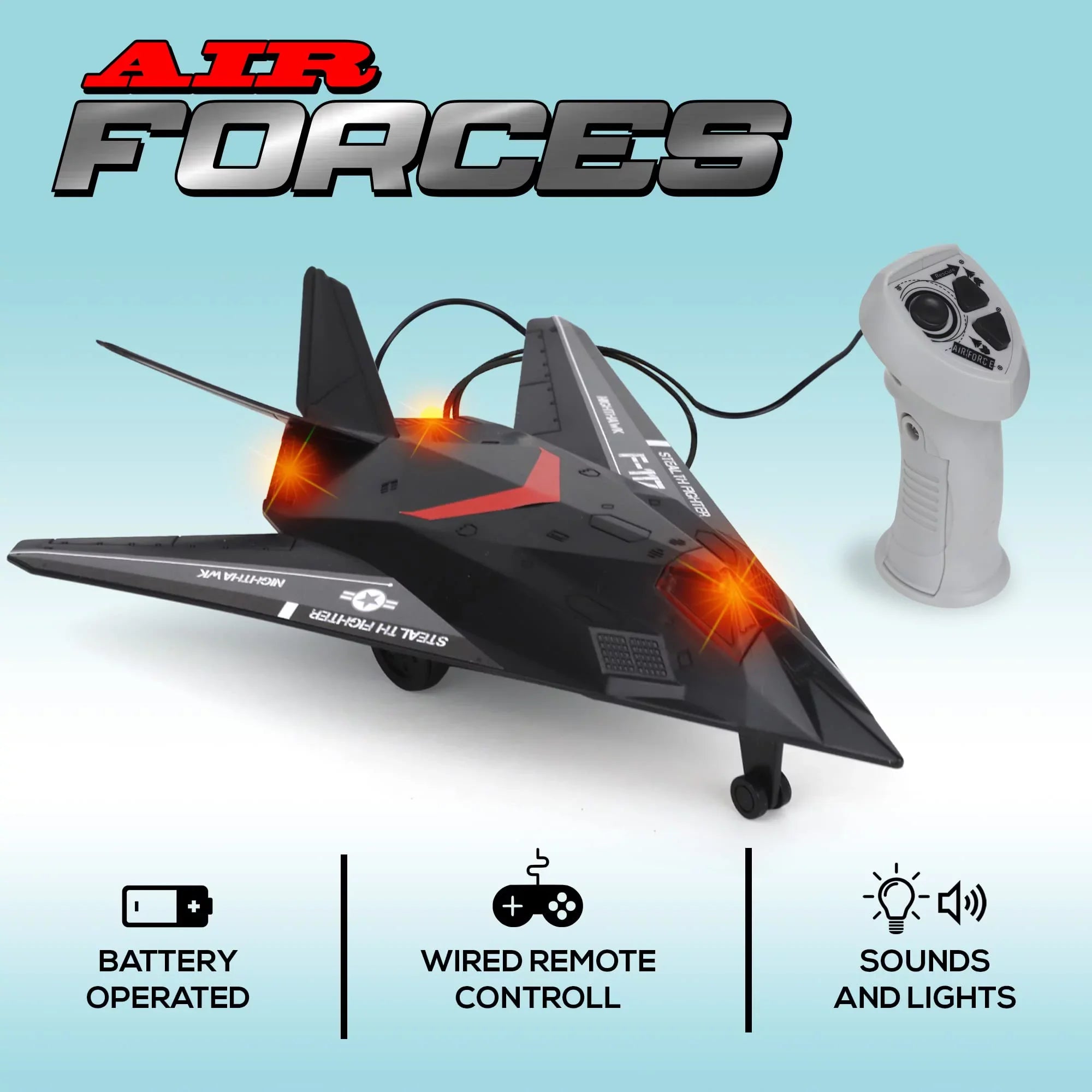 Playkidiz Wired Remote Control Plane, with Lights & Sounds Stealth Fighter Airplane Toy with 43" Wire, Ages 3+, Perfect for Toddlers