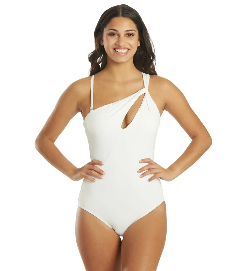 Carmen Marc Valvo WHITE One-Shoulder Twist-Front One Piece Swimsuit, US 10