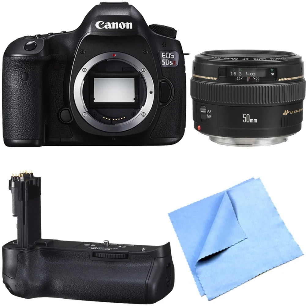 EOS 5DS R 50.6MP Digital SLR Camera Telephoto Lens Bundle includes camera, 50mm telephoto lens, battery grip and micro fiber cloth