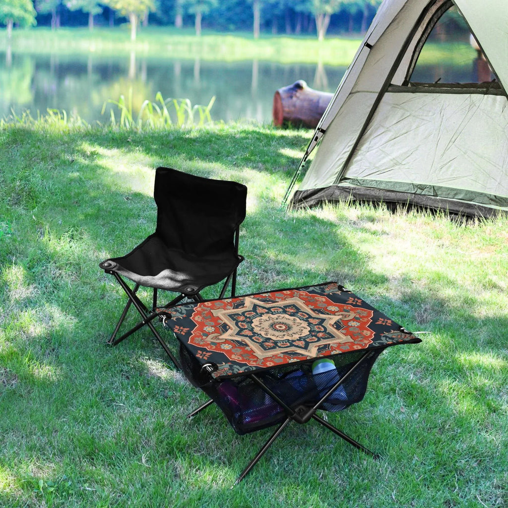 Indian Mandala Pattern Camping Folding Table Portable Beach Table with Storage Bag Compact Picnic Table for Outdoor Travel Fishing BBQ