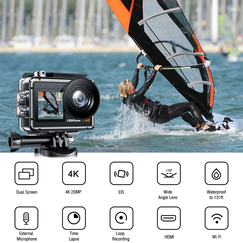 Campark 4K 30FPS Action Camera 20MP Sports Camera 131 Ft Liquid Fluid Camera WiFi Vlog Camera EIS 4.0 Zoom Support External Mic Remote Control