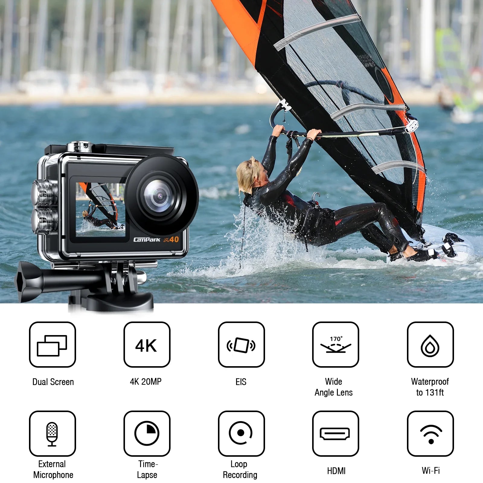 Campark 4K 30FPS Action Camera 20MP Sports Camera 131 Ft Liquid Fluid Camera WiFi Vlog Camera EIS 4.0 Zoom Support External Mic Remote Control