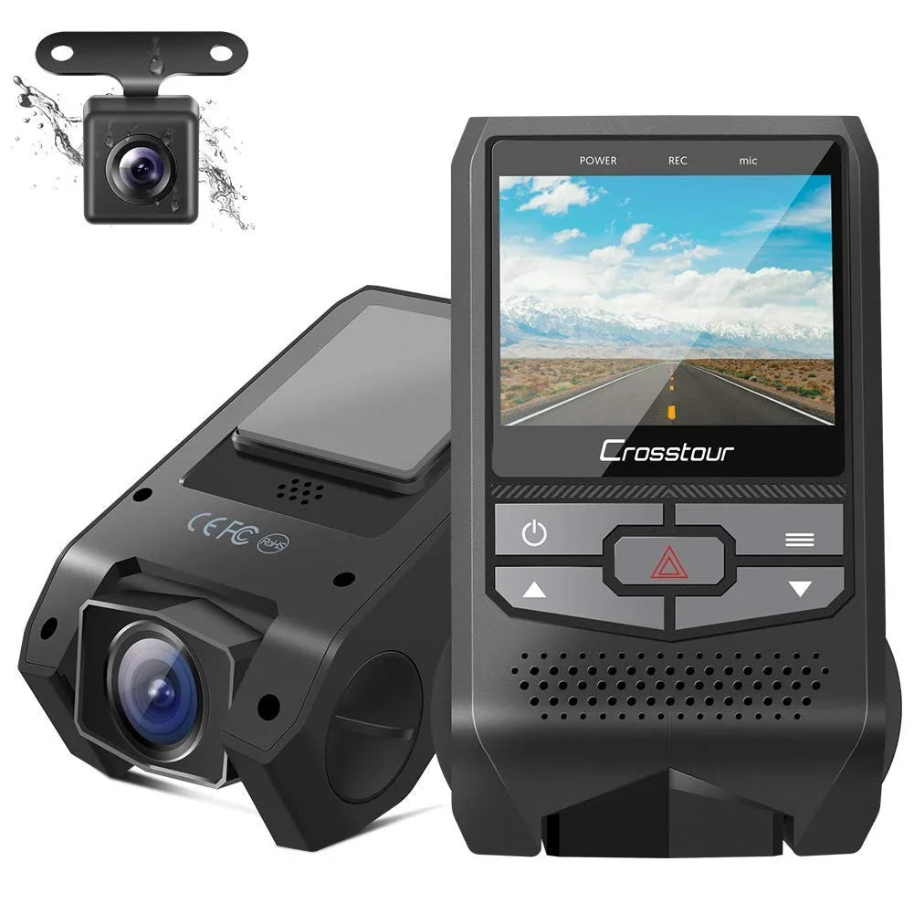 Crosstour CR600 Dual Dash Cam Front and Rear FHD 1080P Mini in Car Camera with Parking Monitoring,G-Sensor,WDR,Night Vision, Motion Detection, Loop Recording, Display Rotation