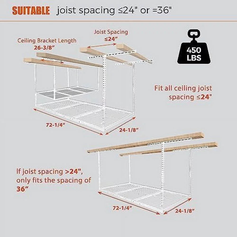 3X6 Overhead Garage Storage Rack Adjustable Ceiling Garage Organization Shelf Ceiling Mounted Storage Racks White