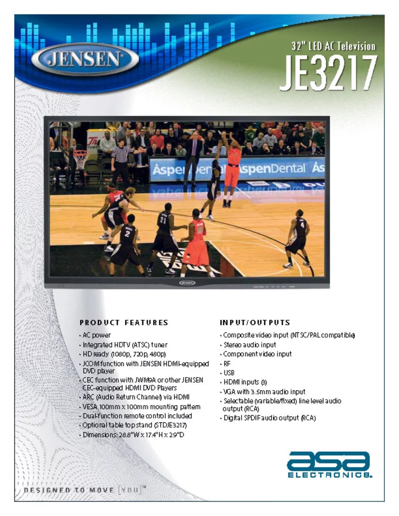 JENSEN JE3217 32" LED AC Television with Integrated HDTV (ATSC) Tuner and Remote Control, 1366 x 768 WXGA+ Resolution, HDTV Ready (1080p, 720p, & 480p), High Capability Wide 16:9 LCD panel, 110V AC