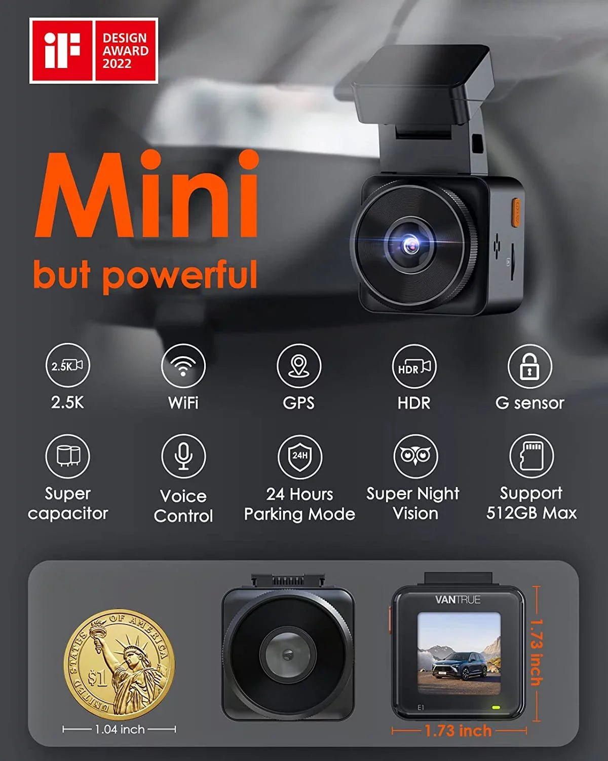 Vantrue E1 2.5K WiFi Mini Dash Cam with GPS and Speed, Voice Control Front Car Dash Camera, 24 Hours Parking Mode, Night Vision, Buffered Motion Detection, APP, Wireless Controller, Support 512GB Max