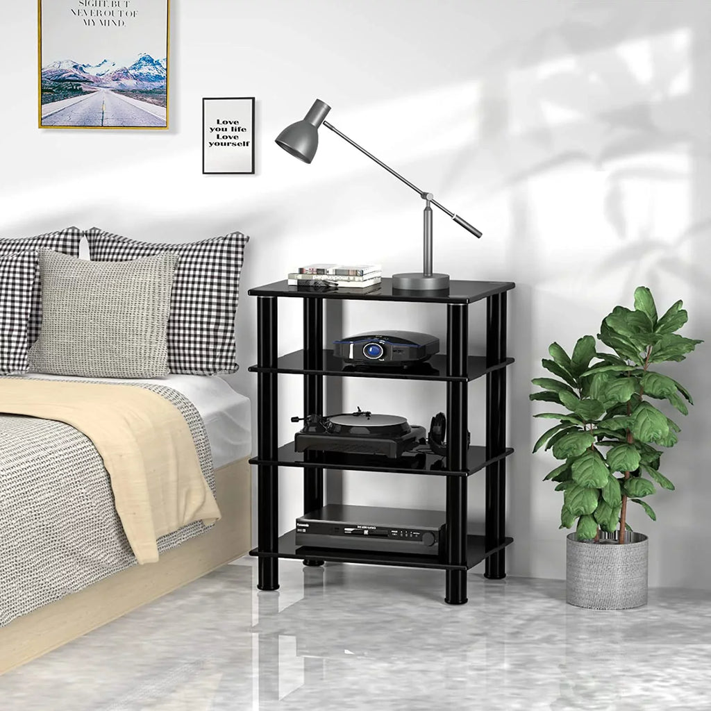 4-Tiers Media Compontent TV Stand Video Tower Tempered Glass Shevles for TV, Gaming Consoles, Media Component, Streaming Device