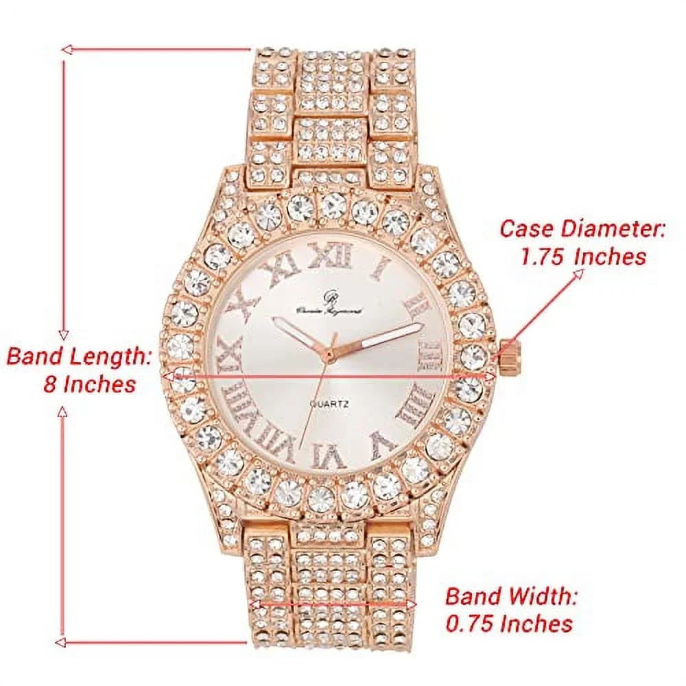 Charles Raymond Mens Silver Big Rocks with Roman Numerals Fully Iced Out Colorful Dial Wristwatch w/Blinged Out Cuban Shiny Silver Bracelet - ST10327 RN Cuban (Rose Gold)