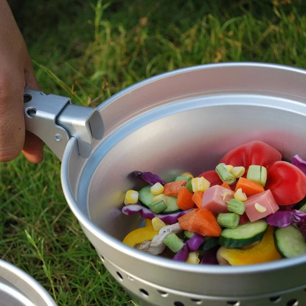 Radirus Portable Camping Cookware: Mess Kit Stove Spirit with Stand Pot Pan and Gripper, Ideal for Backpacking Hiking Picnic BBQ
