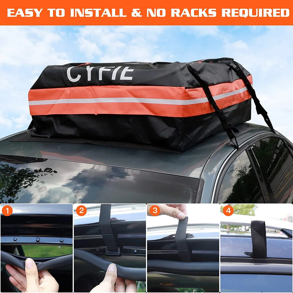Cyfie Rooftop Cargo Bag for Car,SUV Car Top Carrier 15Cu. ft for All Cars with/Without Rack, Fluid & Tearproof, Includes Anti-Slip Mat, 8 Reinforced Straps, 6 Door Hooks, Storage Bag