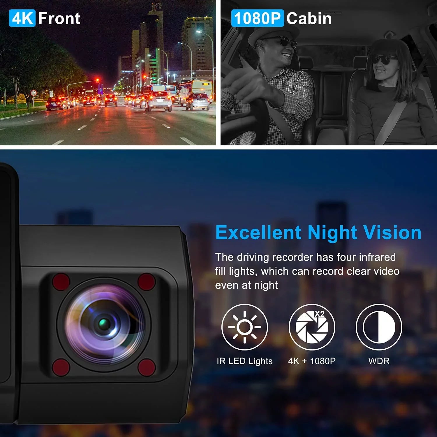 Abask A8 Dashcam Front and Inside 4K 1080P Dual cam - Angle 170°/140° With Night Vision，GPS，Parking Mode，G-Sensor，Loop Recording，WDR - With 32GB Card